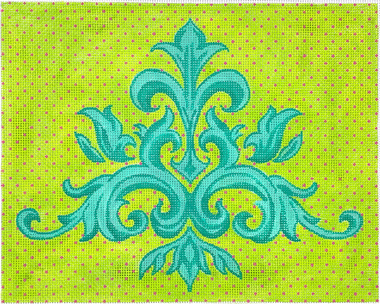 Leafy Damask Pattern – turquoise on bright lime w/ fuchsia dots