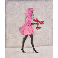 Patti Mann Pink coat and black tights Canvas