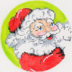 Patti Mann orn.  Round Santa on lime green Canvas