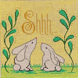 Patti Mann Shhh…white bunnies on yellow Canvas