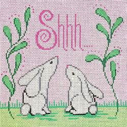 Patti Mann Shhh…white bunnies on pink Canvas