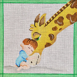Patti Mann Baby hugging giraffe, blue Canvas