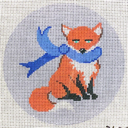 Patti Mann ornament, sitting fox with blue scarf Canvas