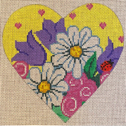 Patti Mann heart, daisies and tulips on yellow Canvas