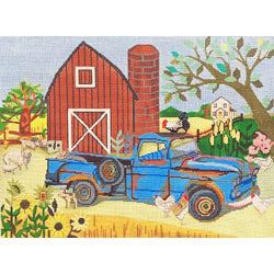 Patti Mann Red barn, blue truck, Canvas