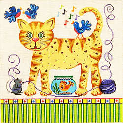 Patti Mann kitty w/ mice, birds, yarn & fish Canvas