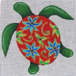 Patti Mann turtle with cloisonne on red Canvas