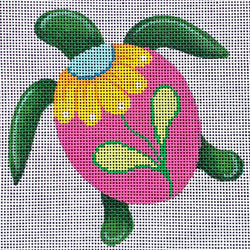 Patti Mann turtle with yellow flower on pink Canvas