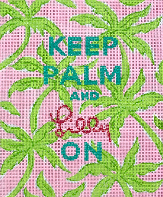 “Keep Palm & Lilly On” – Palm Trees – turquoise, hot pink & limes on light pink