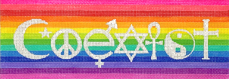 “COEXIST” – International Symbols in Sparkly White on Rainbow Stripes