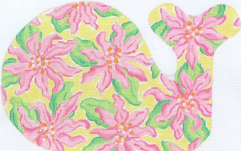 Med. Whale – Lilly-inspired Dahlias – pinks & greens on lemon