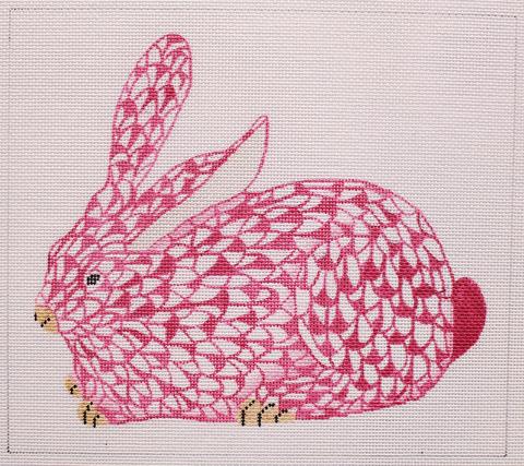 Herend-inspired Crouching Fishnet Bunny – pink w/ gold (facing left)