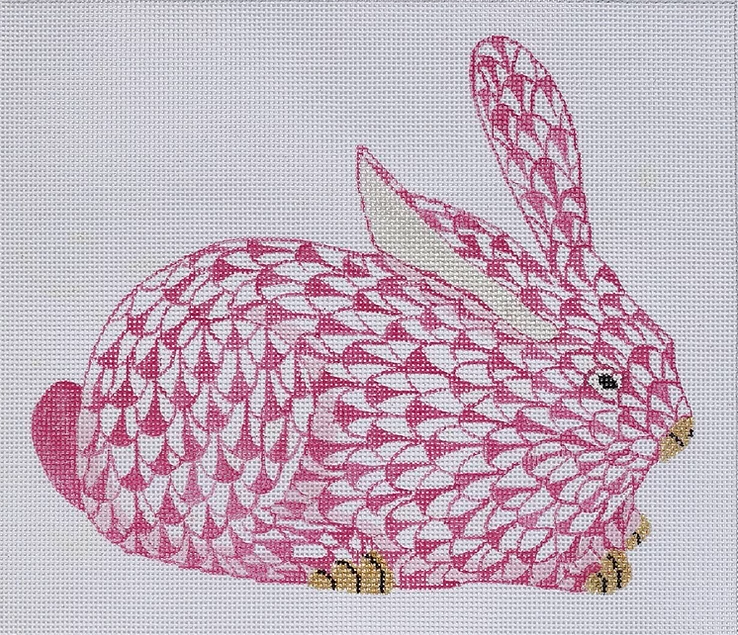 Herend-inspired Crouching Fishnet Bunny – pink w/ gold (facing right)