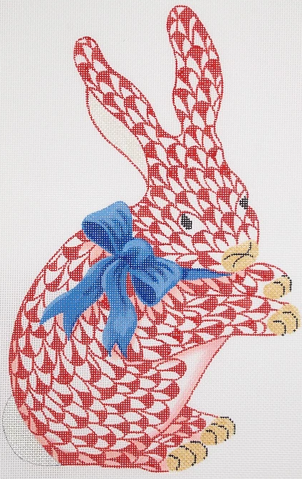 Herend-inspired Fishnet Bunny w/ Bow – Standing Red Bunny w/ Blue Bow (All-American)