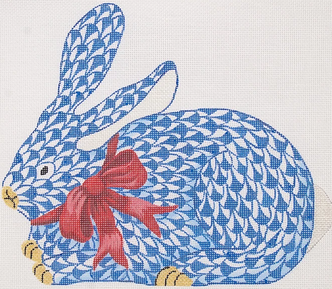 Herend-inspired Fishnet Bunny w/ Bow – Crouching Blue Bunny w/ Red Bow (All-American)