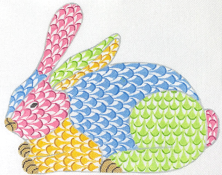 Herend-inspired Fishnet Patchwork Crouching Bunny – pinks, blues, yellows & greens with gold