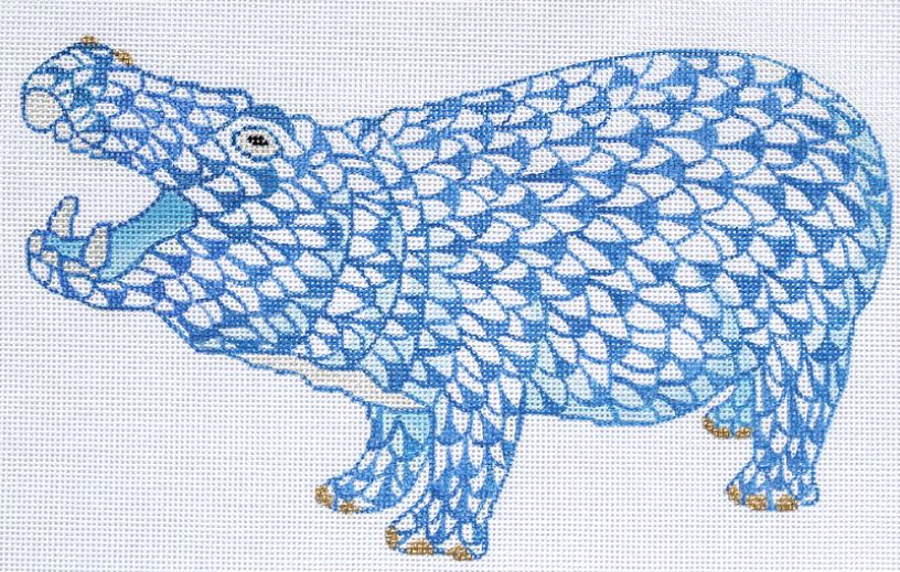 Herend-inspired Fishnet Hippo – blue w/ gold