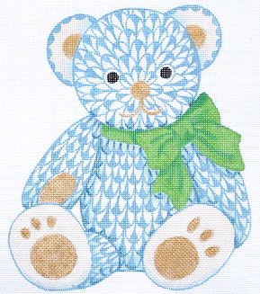 blue flower fish nets Herend-inspired Fishnet Teddy Bear – blue w/ gold & green ribbon — Stitching Fox