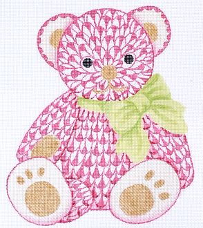 Herend-inspired Fishnet Teddy Bear – pink w/ gold & lime ribbon
