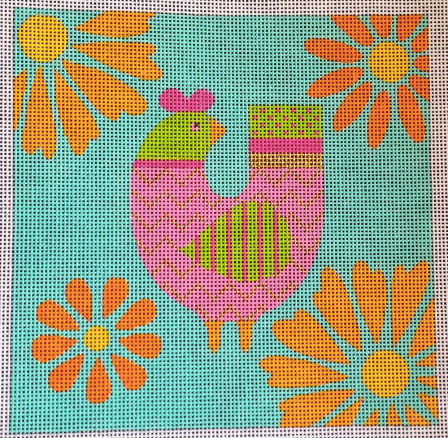 Mod Birds - Blue/Orange Floral Background