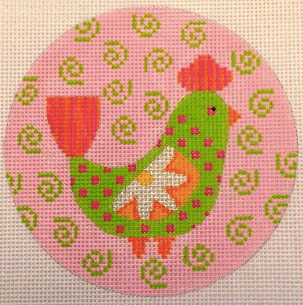 Mod Birds 4" Rnd - Pink/green Swirl Background