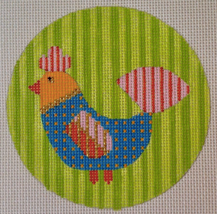 Mod Birds 4" Rnd -Teal Bird on Green Stripe