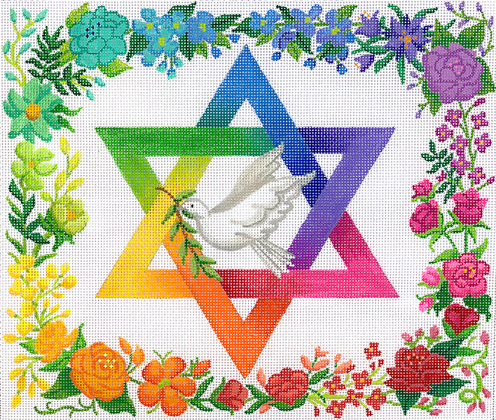 Tallis Bag – Rainbow Floral Star of David with Dove – multi on white