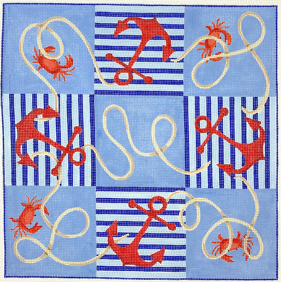 Tic Tac Toe Board – Nautical Anchors and Rope w/ Crabs – red, blues & tans