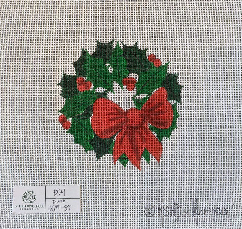 Christmas Ornament – Holly Wreath w/ Red Bow