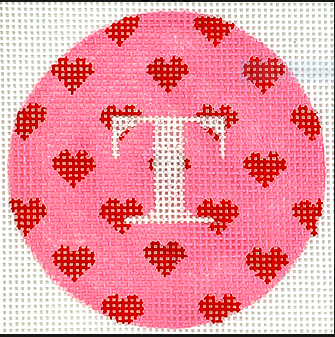 3" Round – Allover Red Hearts on Medium Pink with Turquoise Letter