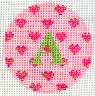3" Round – Allover Pink Hearts on Medium Pink with Turquoise Letter