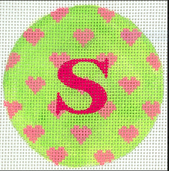 3" Round – Allover Pink Hearts on Light Lime with Bright Pink Letter