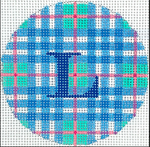 3" Round – Madras Plaid – turquoise, blue & pink w/ blue letter