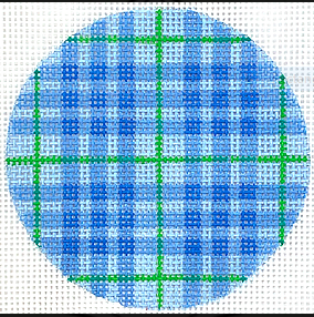 3" Round – Madras Plaid – blues & greens with royal blue letter