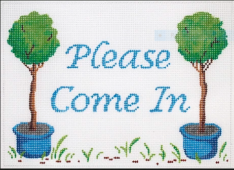 “Please Come In” Topiaries in Blue Pots w/ Blue Lettering on White