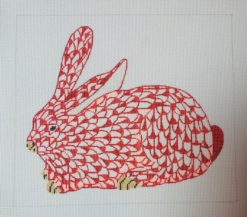 Herend-inspired Fishnet Crouching Bunny – cinnabar w/ gold (facing left)