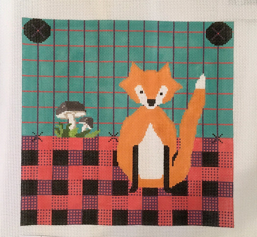 Fox on Plaid Blanket w/ Mushrooms