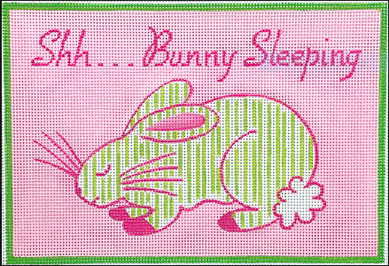 “Shh...Bunny Sleeping” – Jilly Walsh Pink & Green Striped Bunny – on light pink