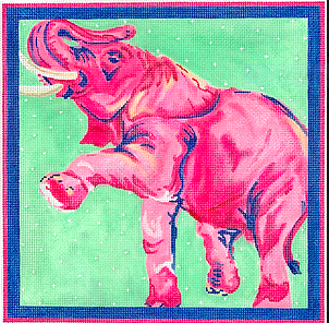 Megan Carn – Fuchsia Prancing Elephant on Light Green – pinks, blues & greens