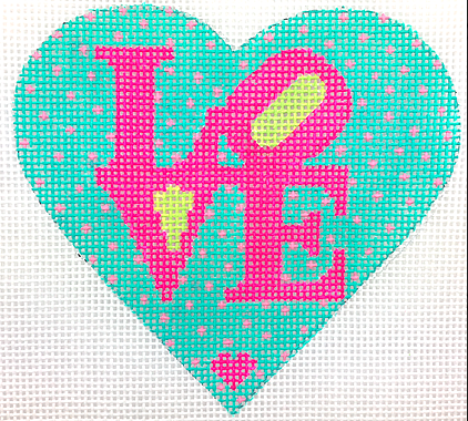 Mini Heart – Robt. Indiana style LOVE – hot pink & lime on turquoise w/ pink dots